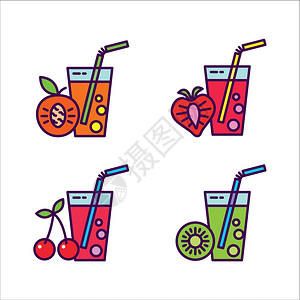 天然纯果汁新鲜的果汁图标,水果浆果的天然果汁樱桃,桃子,猕猴桃,草莓插画