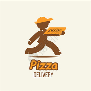 外卖盒交货披萨外卖矢量标志,标志个着盒比萨饼的人插画