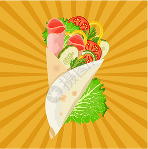 火腿卷沙瓦玛配火腿蔬菜餐馆咖啡馆的矢量插图插画