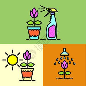 花园,浇水,喷洒害虫的颜色,盆栽,喷雾,套矢量图标图片