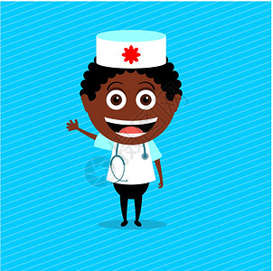 美国护士非裔美国人医生矢量插图,字符穿着医生服装带听诊器的男孩插画