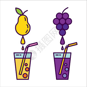 榨梨汁新鲜果汁图标,天然果汁水果葡萄汁,梨汁插画