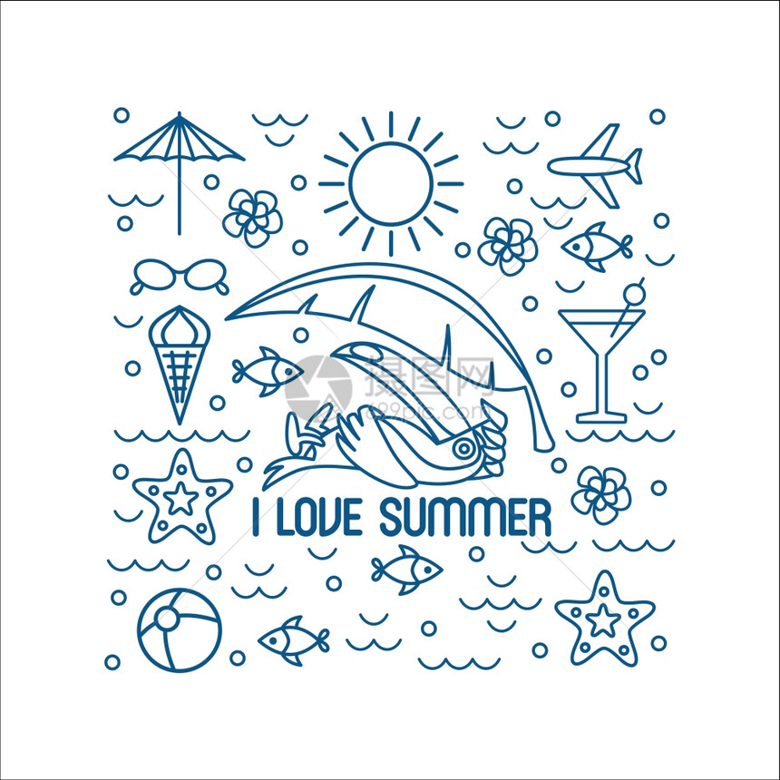 夏天,巨嘴鸟,海滩信息图单色线符号元素打印t恤上图片