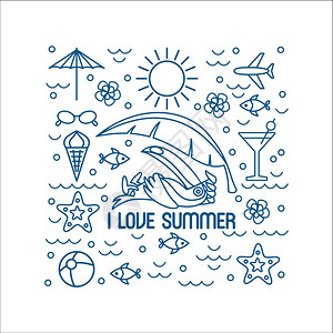 夏天,巨嘴鸟,海滩信息图单色线符号元素打印t恤上图片