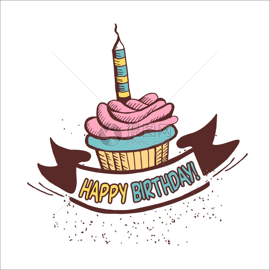 生日快乐带蜡烛的纸杯蛋糕的老式卡片模板,矢量插图图片