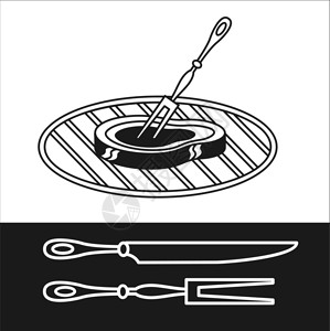刀砍保护伞烧烤矢量符号烧烤设施,标志烤架上的牛排烧烤插画