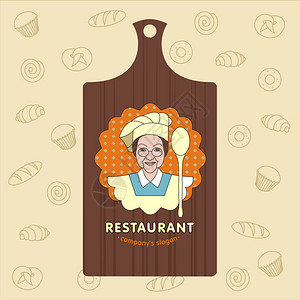 复古复古标志餐厅,咖啡馆切割板背景上大勺子的厨师女人图片