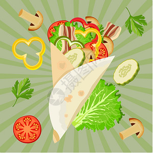 墨西哥煎饼沙瓦玛加培根蔬菜餐馆咖啡馆的矢量插图插画