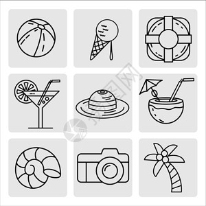 暑假套图标,元素球,照相机,棕榈树,冰淇淋,生命戒指,鸡尾酒,椰子,帽子,贝壳背景图片