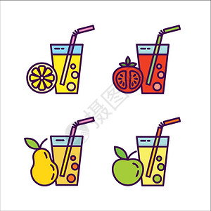天然纯果汁新鲜的果汁图标,水果蔬菜的天然果汁西红柿,苹果,梨,橘子插画