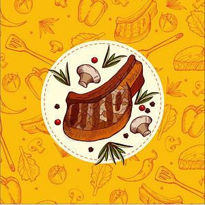 绘制卡片牛排牛排画出来的烧烤,烧烤手绘矢量插图插画