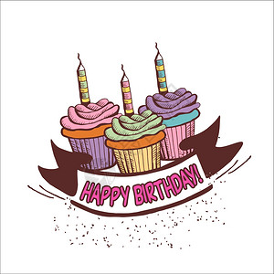 生日快乐带三个带蜡烛的纸杯蛋糕的老式明信片模板,矢量插图图片