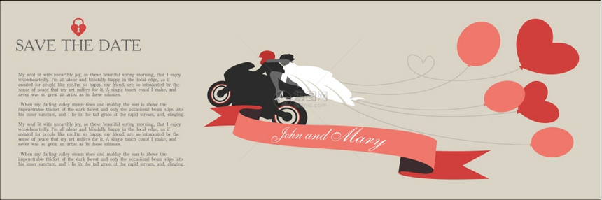 老式婚礼邀请,新娘新郎骑着摩托车,文字的图片