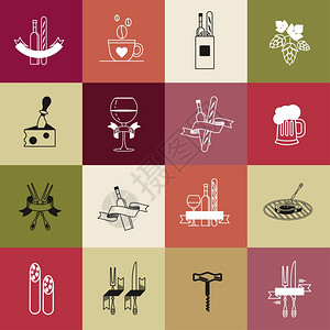 矢量图标烧烤,奶酪,酒杯,酒瓶,叉子,开瓶器,香肠,啤酒花,啤酒,咖啡,法国包图片