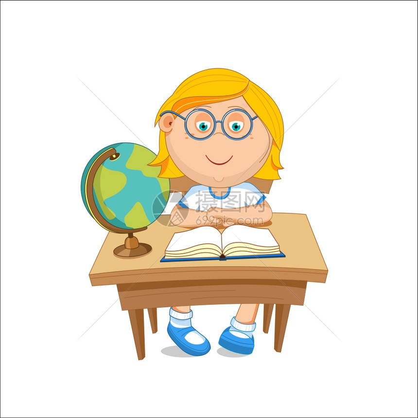 坐桌子旁戴眼镜的女学生矢量插图图片