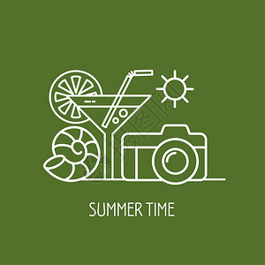 暑假矢量标志,章,标志夏天,鸡尾酒,贝壳相机,暑假的象征矢量插图图片
