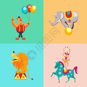 马戏艺术家向量字符集小丑与气球马戏狮子,大象,女孩马背上变戏法背景图片