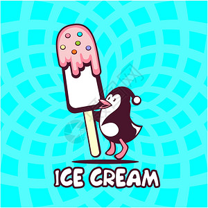 冰淇淋标志,标志企鹅与冰淇淋明亮的背景上的矢量插图图片