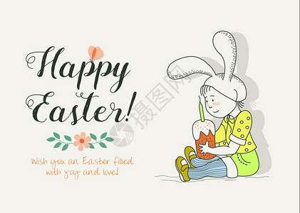 复活节卡片复活节快乐穿着兔子服装的孩子着复活节蛋糕老式手绘复活节卡片图片
