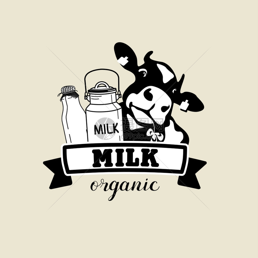 牛牛奶的象征牛奶生产商乳制品的矢量黑白标志图片