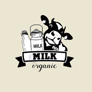 一瓶奶牛牛牛奶的象征牛奶生产商乳制品的矢量黑白标志插画