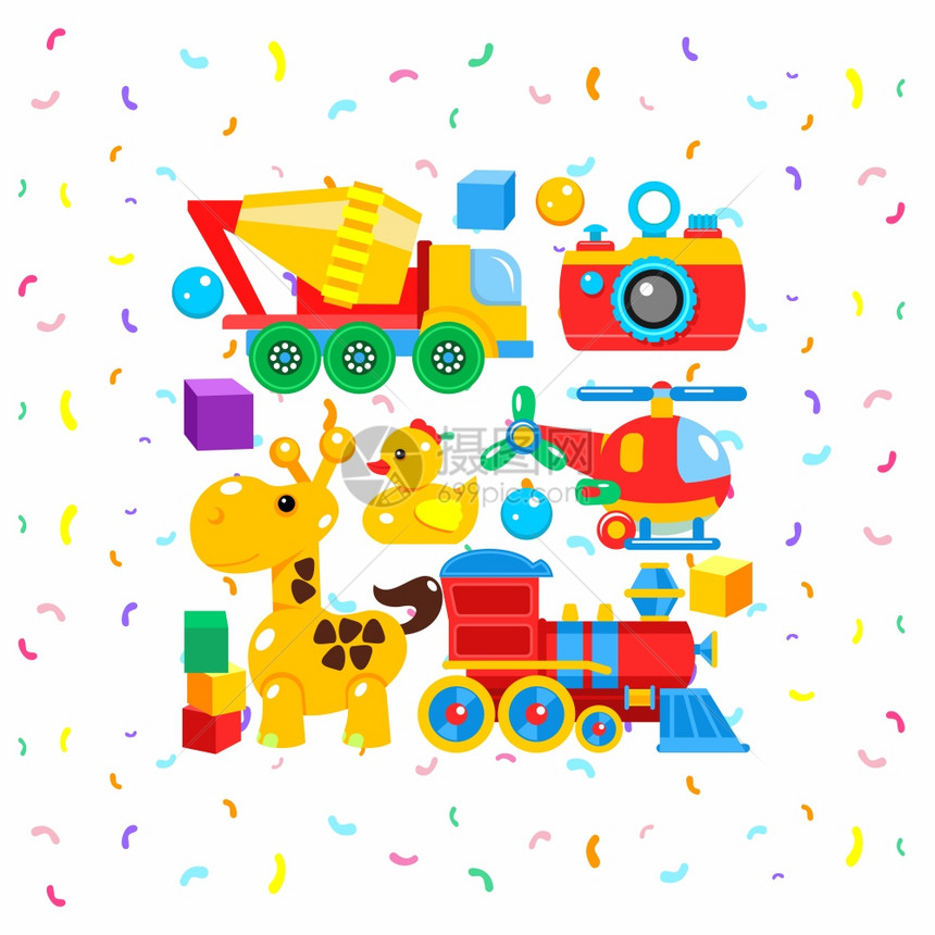 套儿童玩具,矢量插图包括相机,搅拌机,直升机,长颈鹿,积木,鸭子,火车头图片