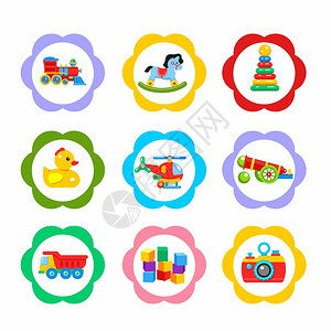 矢量图标,贴纸儿童玩具的套元素包括火车头,摆马,金字塔,鸭子,自卸车,直升机,砖块图片
