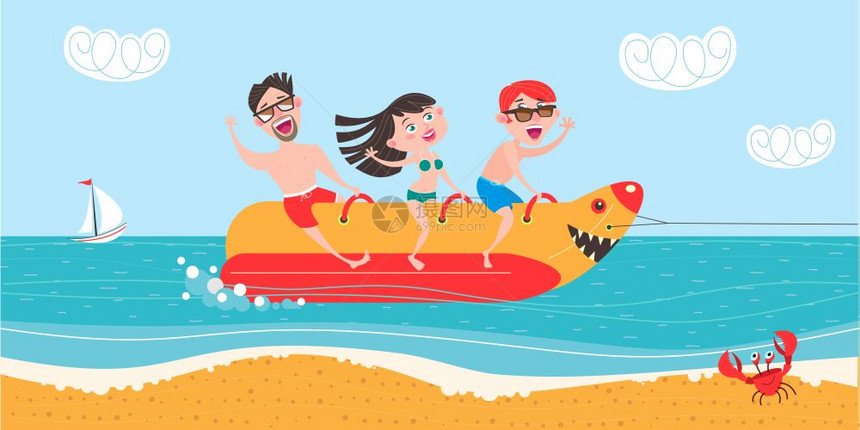 快乐的人度假,骑香蕉船上海上度假海滩活动矢量插图图片