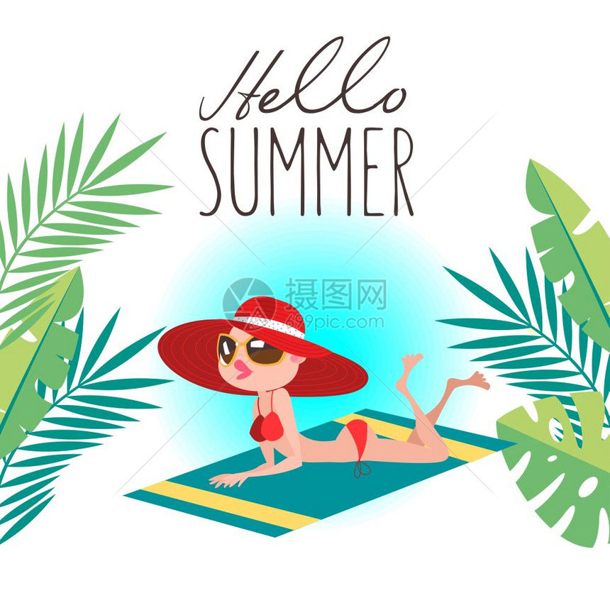 你好,夏天戴着红帽子的漂亮女孩,海滩上晒太阳平风格的矢量插图图片