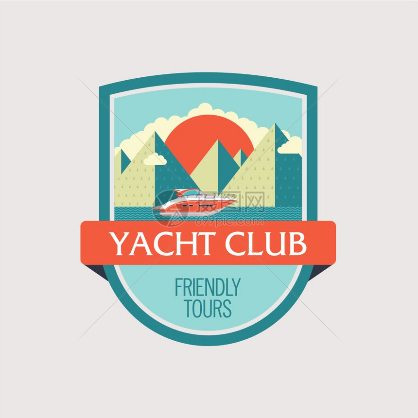 标志,游艇俱乐部的标志海上旅行以山地景观为背景的游艇矢量插图图片