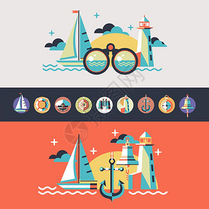 平风格的矢量插图帆船,灯塔,指南针矩形矢量图标船长帽,双目,船钟,救生圈,车轮图片