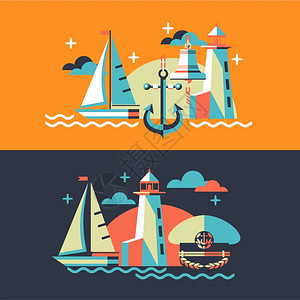 帆船俱乐部海洋的矢量插图帆船,灯塔,锚,船铃,船长帽插画