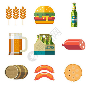 啤酒杯,瓶装啤酒,桶啤酒,汉堡包,香肠,饼干,大麦耳矢量图标图片