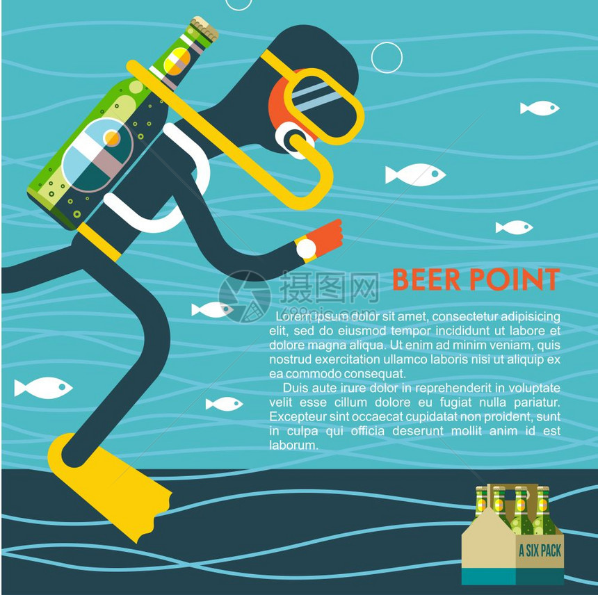 潜水员用瓶啤酒代替氧气趣的插图,为喜爱啤酒潜水与地方的文字图片