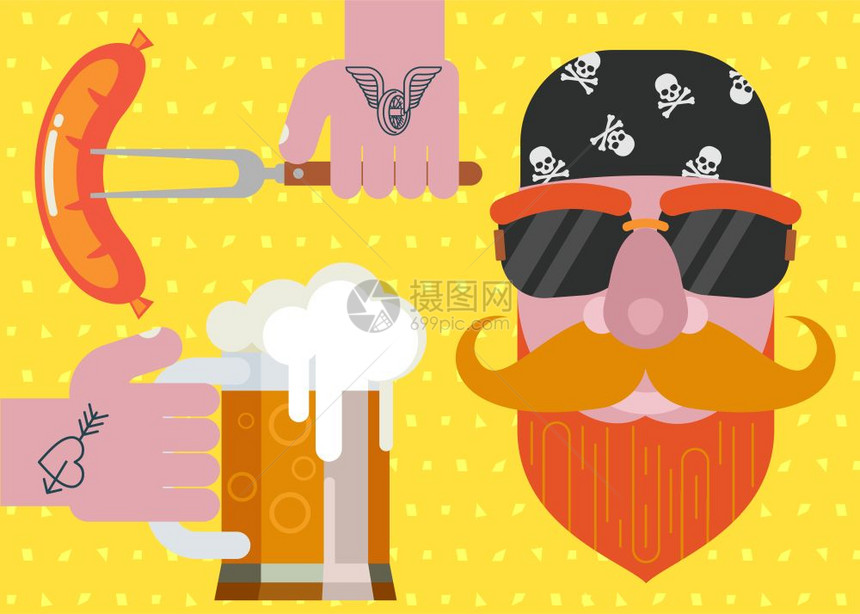 留胡子的男人戴着带太阳镜的手帕杯啤酒纹身的手他手里着叉子烤香肠彩色矢量插图图片