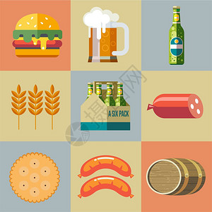 啤酒广场矢量图标啤酒杯,瓶装啤酒,汉堡包,香肠,饼干,大麦耳插画