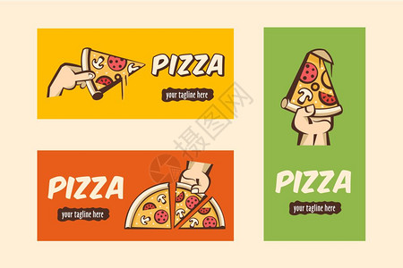 套标签,带比萨饼店标志的横幅矢量插图图片