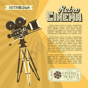 胶片海报老式胶卷相机海报采用复古风格,文字的地方复古电影院老式电影票插画