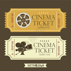 老式电影票复古电影院老式电影相机电影卷轴,矢量标志背景图片