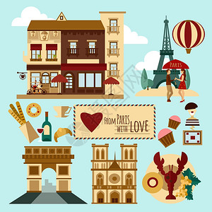 大特尔沃诺巴黎旅游集地标法国符号矢量插图巴黎旅游套装插画