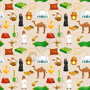 阿拉伯文化无缝图案与骆驼茶壶清真寺卡通矢量插图阿拉伯文化无缝背景图片