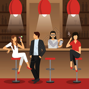 酒吧服务员酒吧柜台与男女坐鸡尾酒饮料平矢量插图条形平插图插画