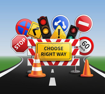 沥青道路纹理选择正确的方式现实的选择正确的道路现实与道路标志红绿灯矢量插图插画
