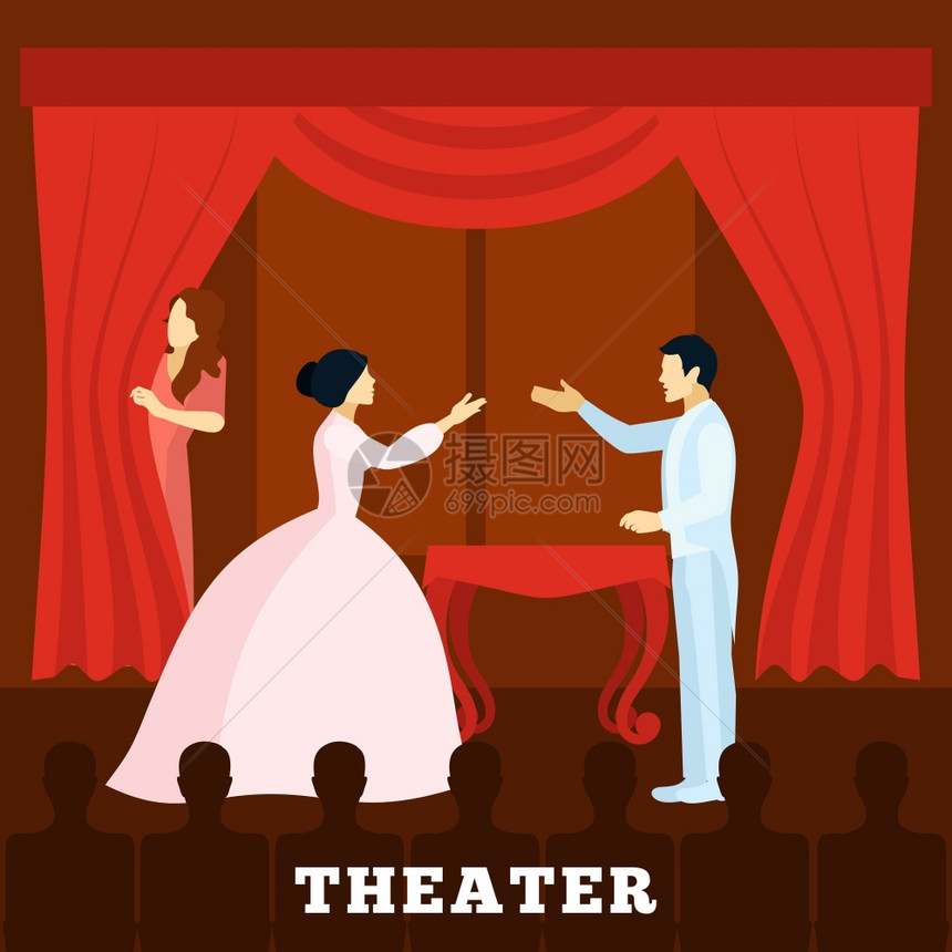带观众海报的戏剧舞台表演戏剧舞台表演与窗帘观众海报平矢量插图图片