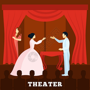 舞台化妆带观众海报的戏剧舞台表演戏剧舞台表演与窗帘观众海报平矢量插图插画