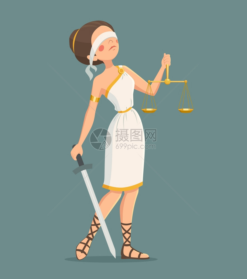 司法小姐插图蒙上眼睛的希腊司法女士与剑鳞片卡通矢量插图图片