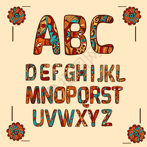带装饰装饰品的Zentangle字母表彩色字母矢量插图带状字母表彩色背景图片