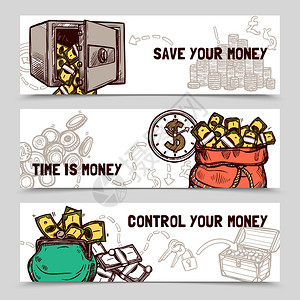时间管理财务横幅涂鸦控制省钱与时间管理3横向财务横幅涂鸦抽象向量孤立插图背景图片