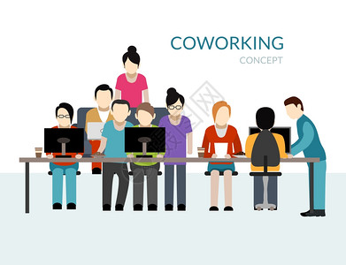 与工作桌子平矢量插图的人合作中心合作中心的背景图片