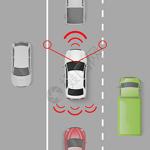 超声波传感器汽车安全系统与顶部视图自动道路矢量插图上运动汽车安全系统插画